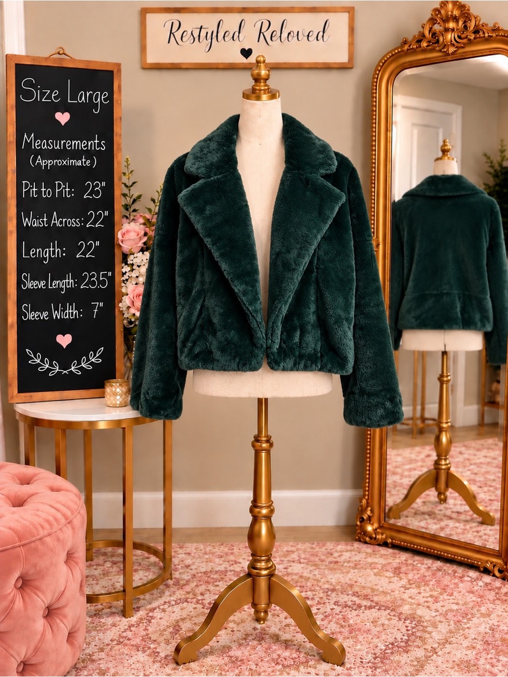 Allegra K Cropped Notch Lapel Faux Fur Jacket – Dark Green – Size Large